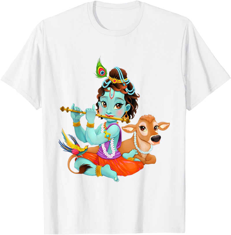 Clever Witty Designs Hindu god Lord Shri Krishna with a Cow and a Bird T-Shirt - White