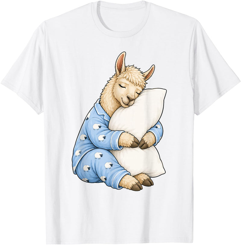 Funny Sleepy Llama Animal Lovers Pajama Llama Sleeping in Cute Pajamas Sleep T-Shirt - White