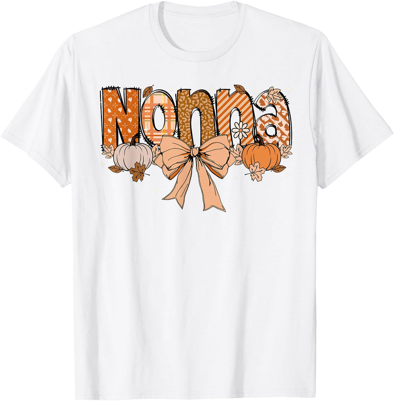 Pumpkin Fall Leopard Happy Thanksgiving Mat Nonna Pumpkin Fall Coquette Bow Thanksgiving Mom Women T-Shirt - White
