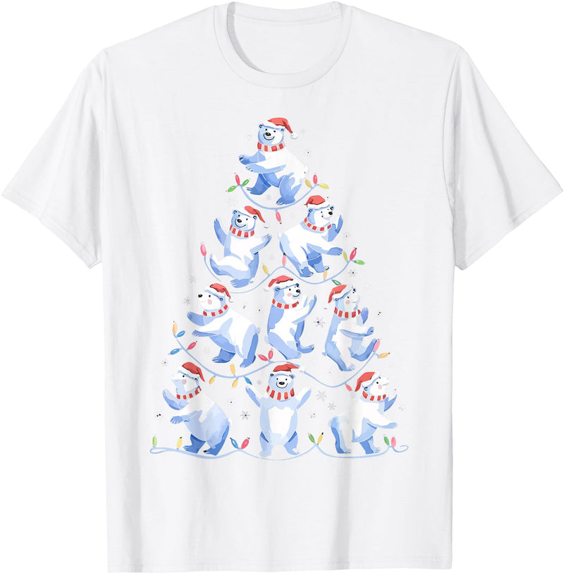 White Giant Christmas Tree Lights Santa Hats Polar Bear Christmas Tree Funny Ice Bear Holiday T-Shirt - White