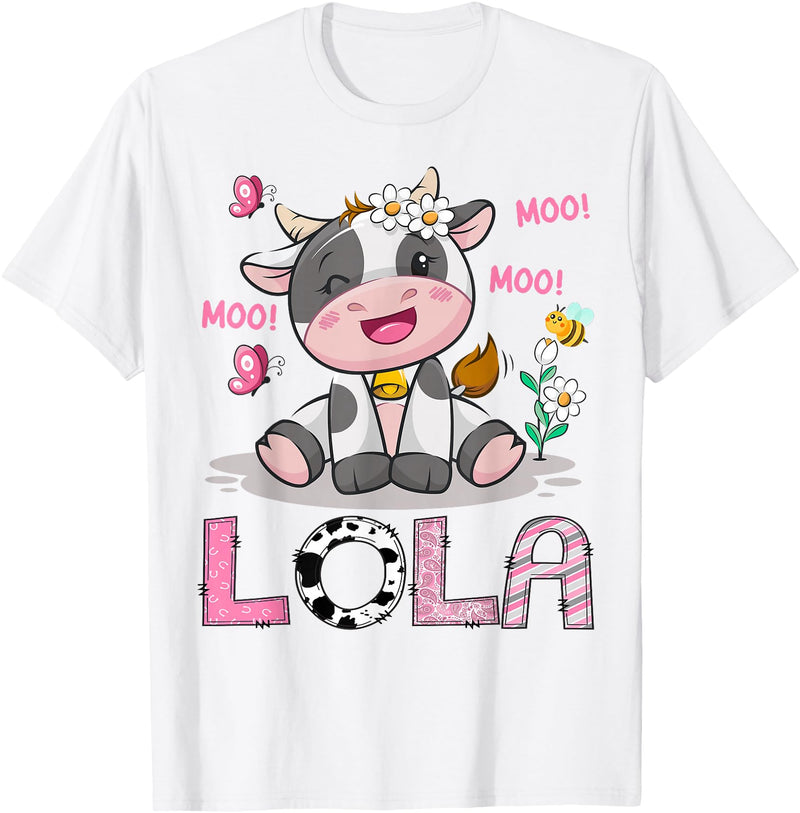 Birthday Girl Party Cow Lover Lola Cute Cow Moo Moo Farmer Birthday Girl Matching T-Shirt - White
