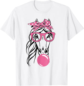 Funny Horses Lover Ladies Cute Horse Bandana Headband Glasses T-Shirt - White