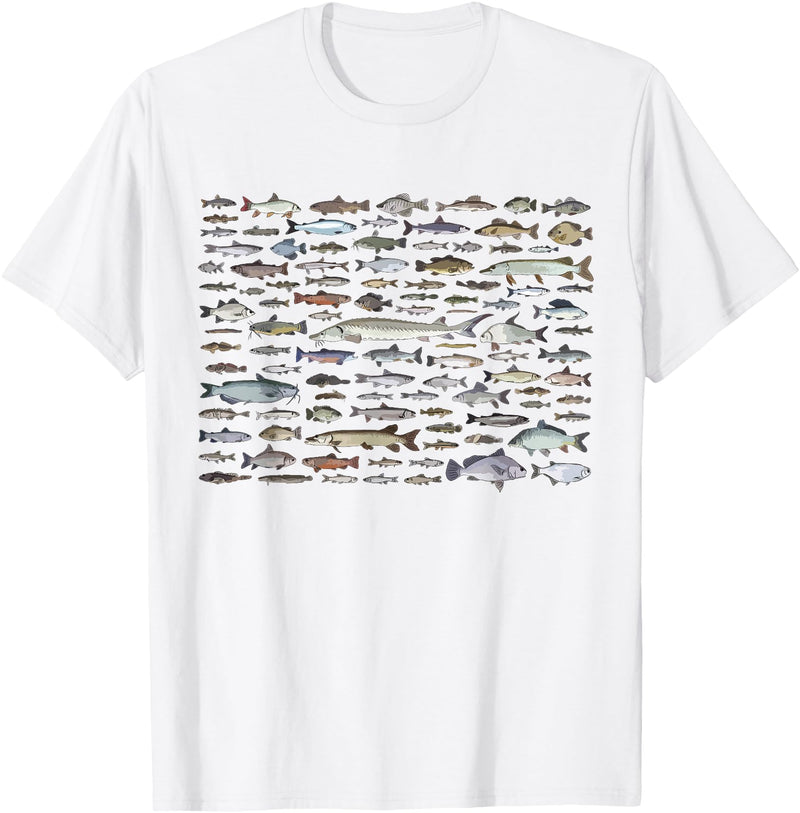 100 Types Of Fish Species Tee 100 Types of Freshwater Fish Species Fishing T-Shirt - White