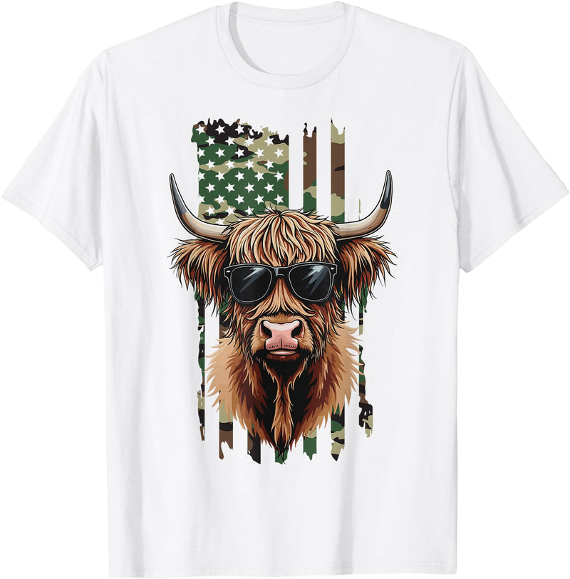 Highland Cow by AKH Highland Cow Camo American Flag, Patriotic Highland Cow T-Shirt - White