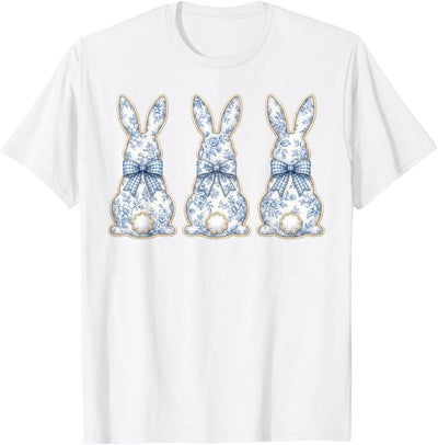 Three Blue Chinoiserie Floral Bunnies with Bows T-Shirt