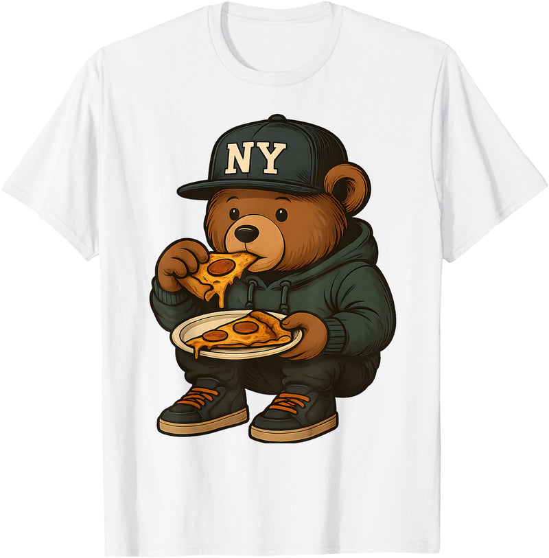 Street Food Streetwear & Hip Hop Style Designs Hip Hop Teddy Bear Eating New York Style Pizza Teenager Men T-Shirt - White