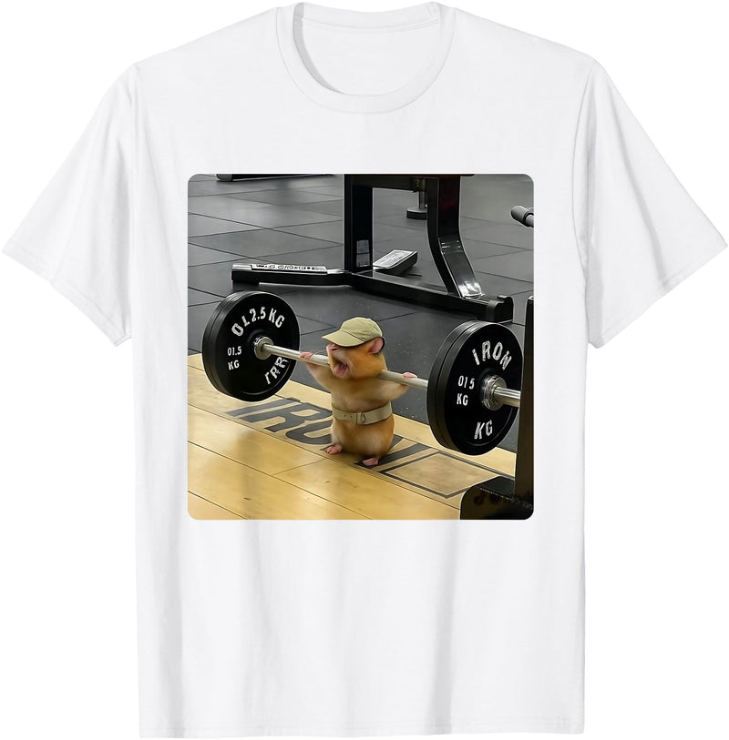 Hamster Deadlift Training Funny Cute Rat Weightlifting Meme T-Shirt - White
