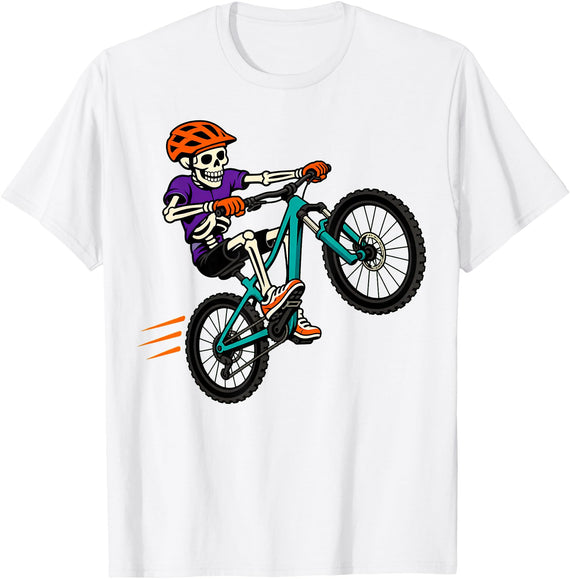 Halloween Mountain Bike Crew Skeleton Mountain Bike Wheelie Halloween MTB Rider T-Shirt - White