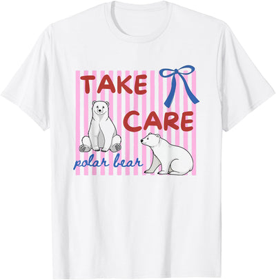 Last day of School Teacher Team Tee Pink Striped Take Care Polar Bear End of Year Teacher Team T-Shirt