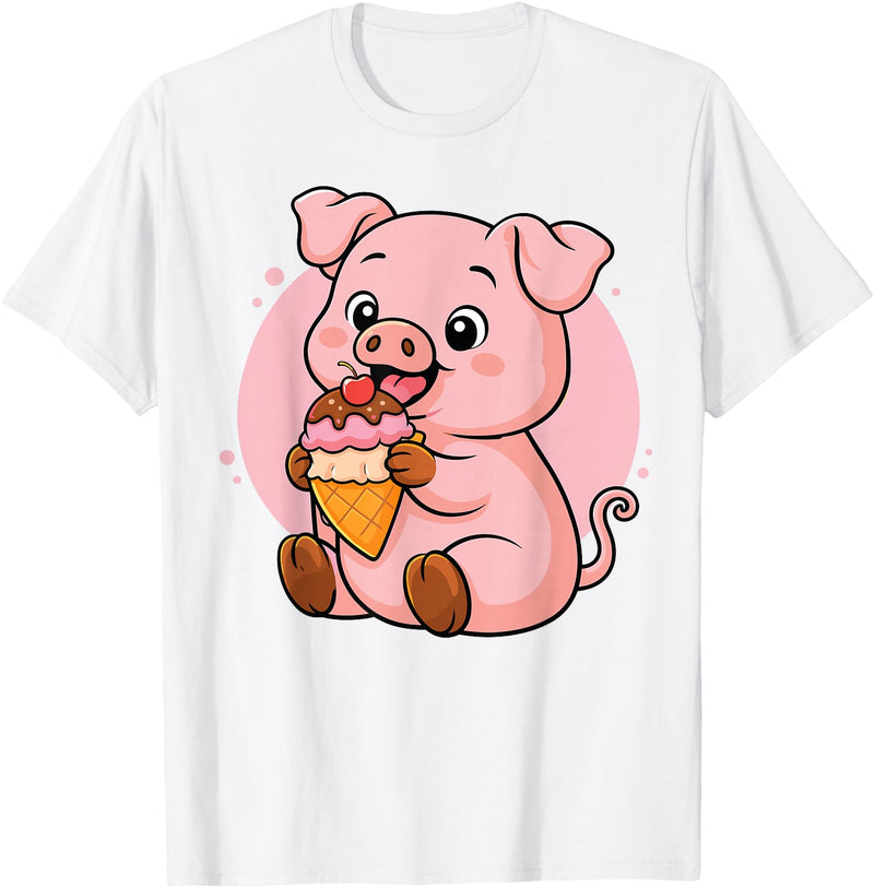 Funny Cute Pig Ice Cream Kawaii Design Pig Eating Ice Cream Graphic Boys Girls Pig Lover T-Shirt - White