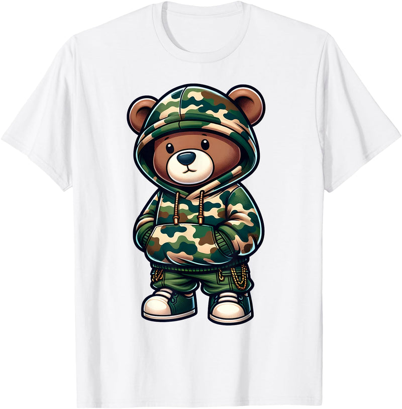 Camo Teddy Bear Hip Hop Designs for Men & Boys Camo Hip Hop Teddy Bear Camouflage Gangsta Streetwear Hustle T-Shirt - White