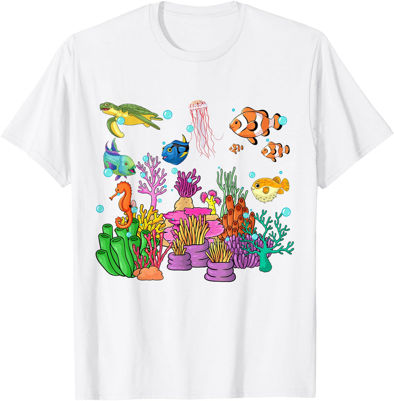 MASH MOSH Coral reef with colorful tropical Fish, Marine Life T-Shirt - White