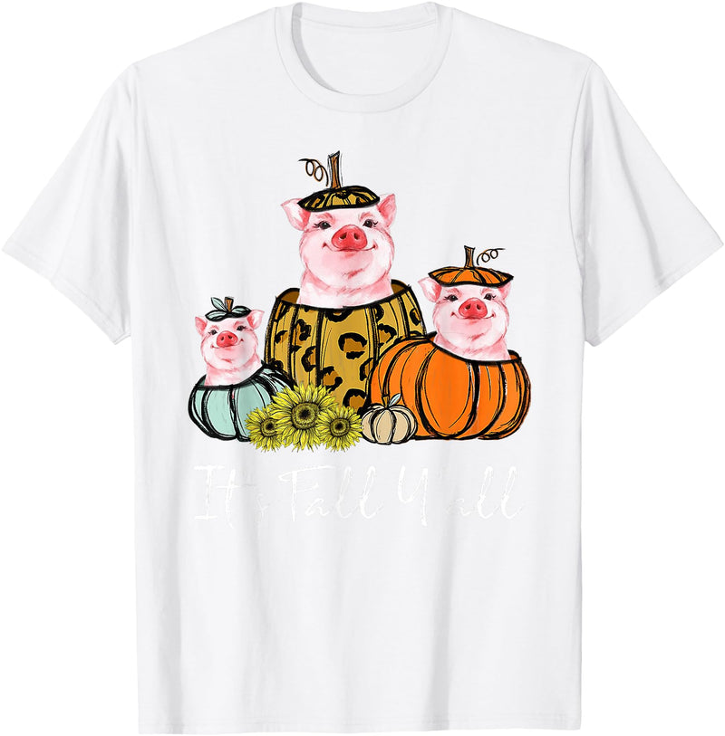 Fall Y'all Pig Thanksgiving Leopard Pumpkin It's Fall Y'all Pig Animal Leopard Pumpkin Falling Autumn T-Shirt - White