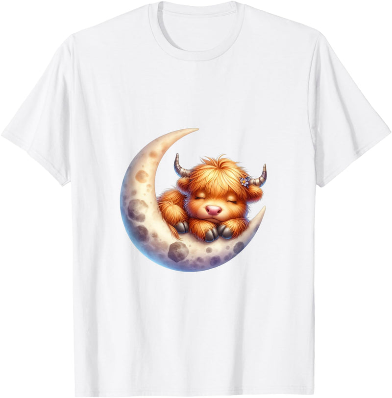 Cute Baby Highland Cow Sleeping on the Moon Heifer Farm T-Shirt - White