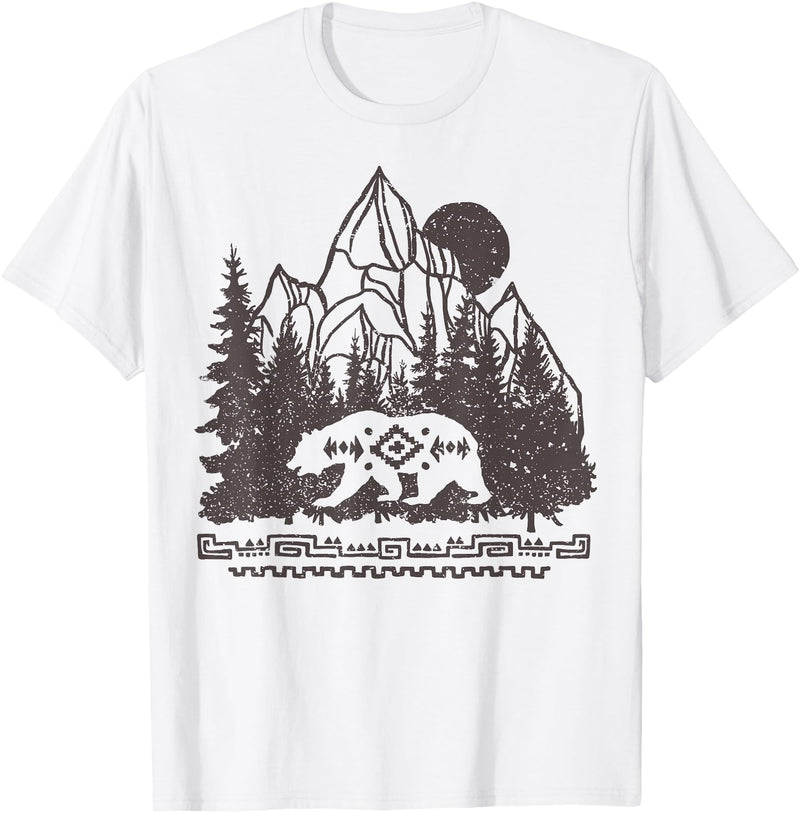 Trendy Apparel Cali Bear Forest And Mountains Background T-Shirt - White