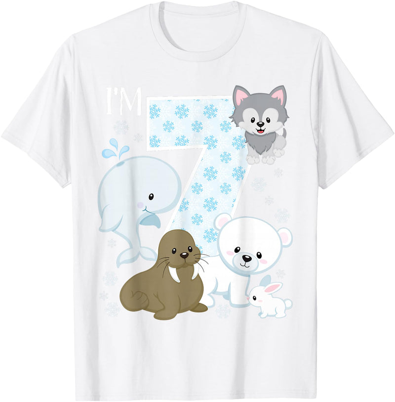 Arctic Animals Birthday Party Family Matching Bday Arctic Animals 7th Birthday Polar Bear Walrus Fox Sea Theme T-Shirt - White