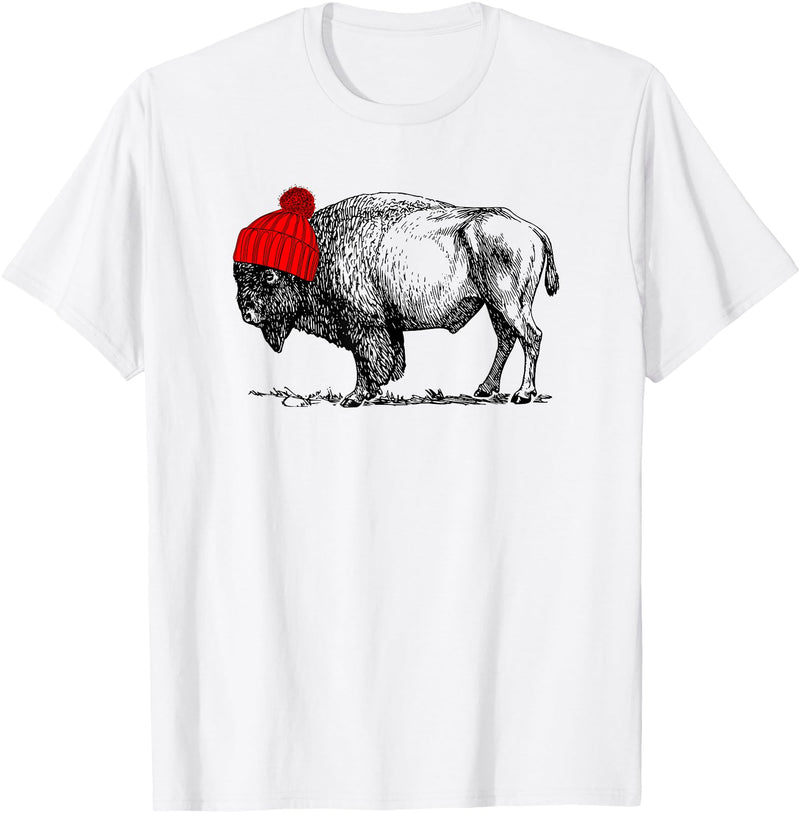 Buffalo Beanie Buffalo Wearing a Beanie Stocking Hat T-Shirt T-Shirt - White