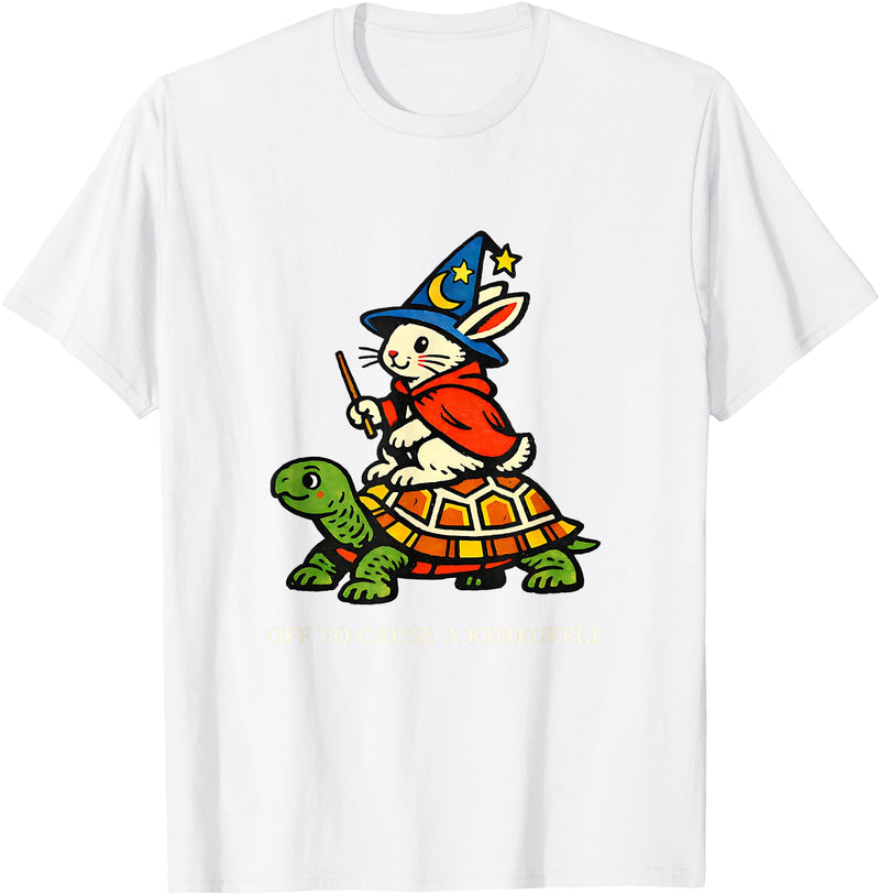 Off to Cause a Kerfuffle Bunny Rabbit Turtle T-Shirt in White