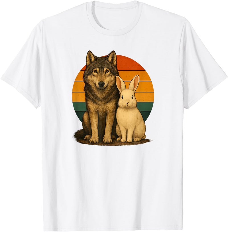 Wolf Rabbit Retro Animal Friends T-Shirt in White