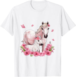 Horse Foal Butterfly Girl Flowers Horseback Riding Horse with Foal - Flowers and Butterflies T-Shirt - White