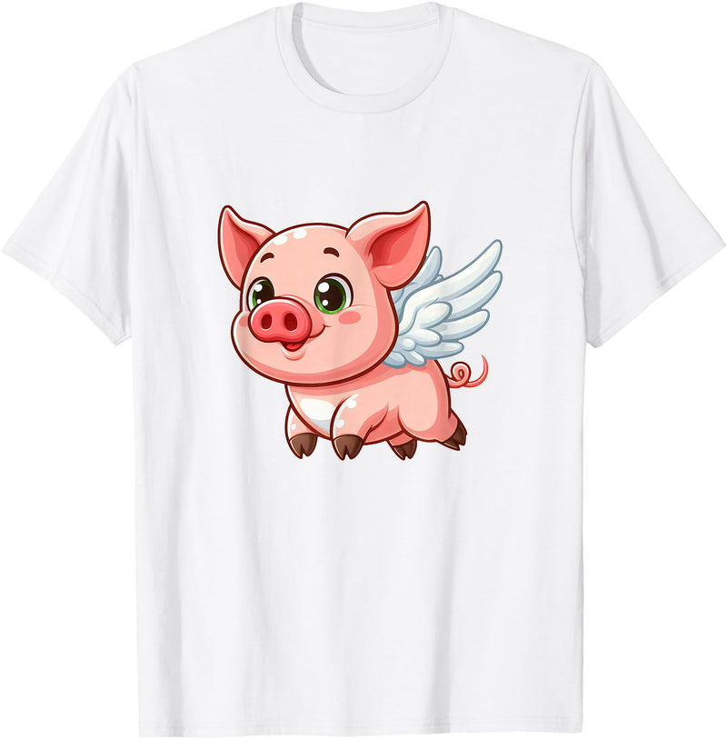 Cute Cartoon Pig Angel with Wings Halo Farmer T-Shirt - White