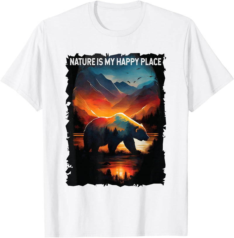Nature Is My Happy Place Bear Tees Nature Is My Happy Place bear hiking camping mountains T-Shirt - White