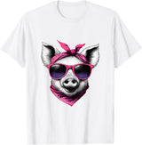 Fashionable Animals Wearing Pink Bandanas Pig Wearing A Pink Bandana Headband And Sunglasses T-Shirt - White
