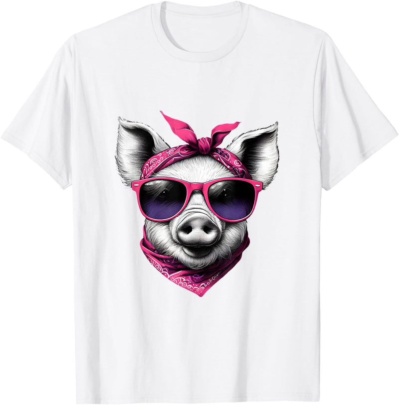 Fashionable Animals Wearing Pink Bandanas Pig Wearing A Pink Bandana Headband And Sunglasses T-Shirt - White