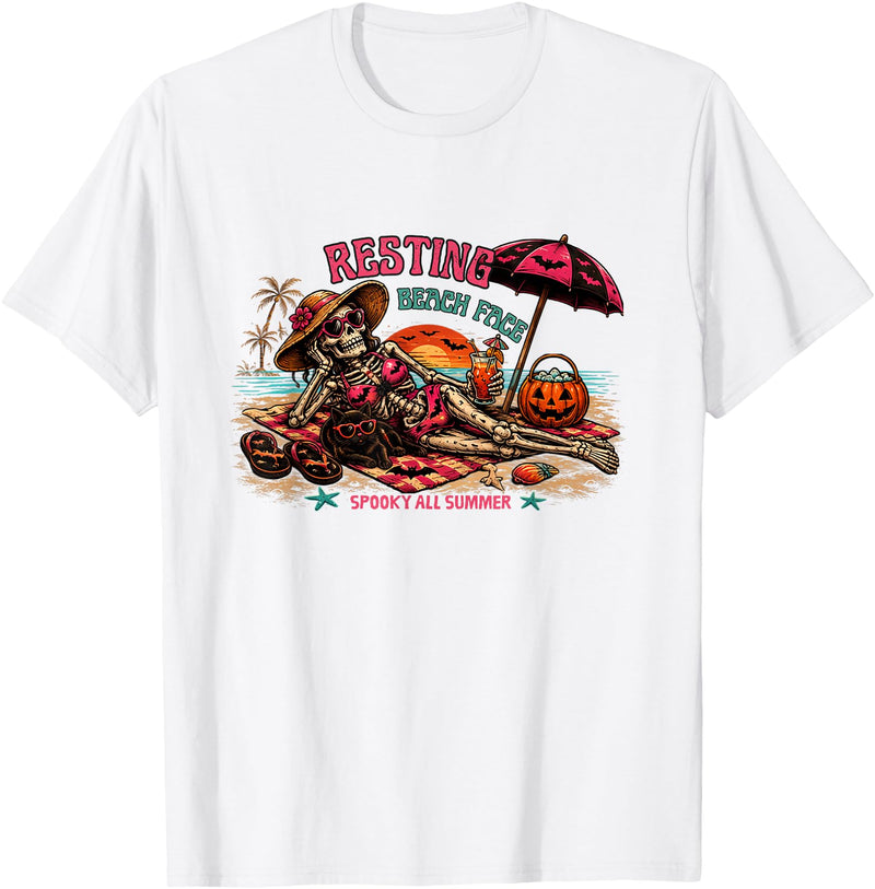 Spooky Summer Vibes retro summerween halloween Funny Skeleton Beach Halloween Resting Beach Face summerween T-Shirt - White