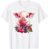 Cute Pig Eating Strawberries And Berries Fun Adorable Pig With Strawberries And Berries T-Shirt - White