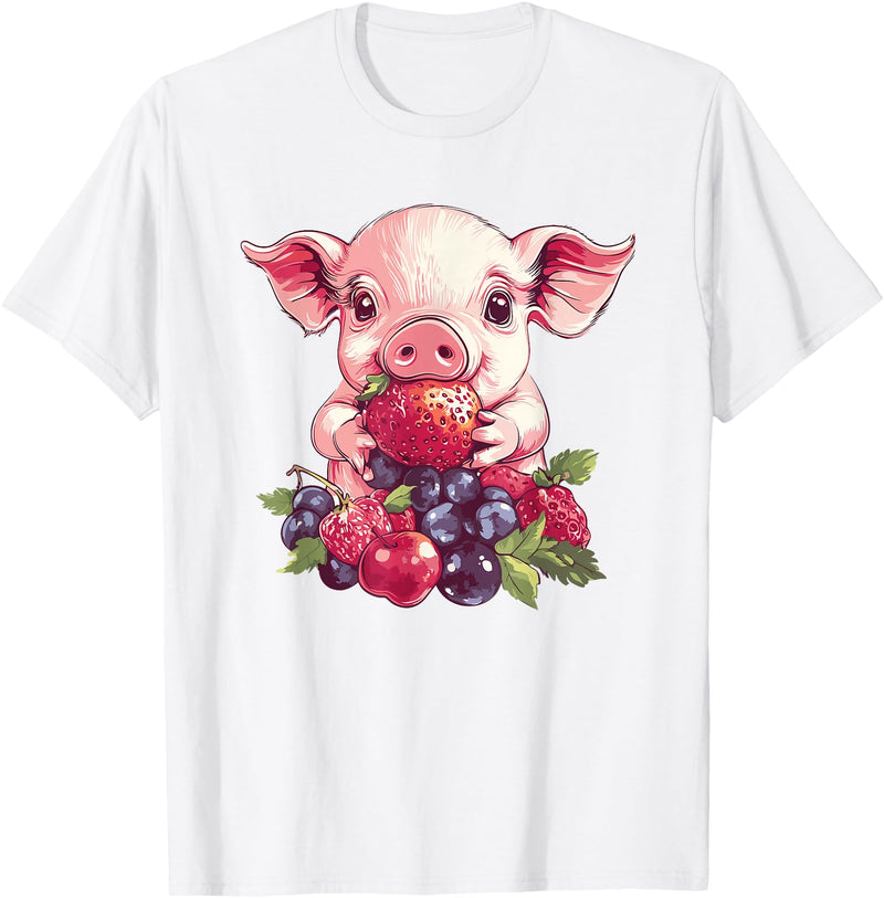 Cute Pig Eating Strawberries And Berries Fun Adorable Pig With Strawberries And Berries T-Shirt - White