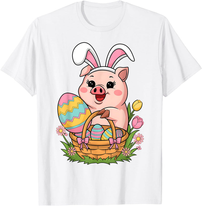 Happy Easter Pig Animal Happy Easter Women Girls Kids Easter Egg Basket Easter Pig T-Shirt - White