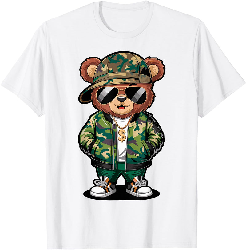 Magical and Funny Teddy Bear Gifts Hip Hop Teddy Bear Camouflage Rap Music T-Shirt - White
