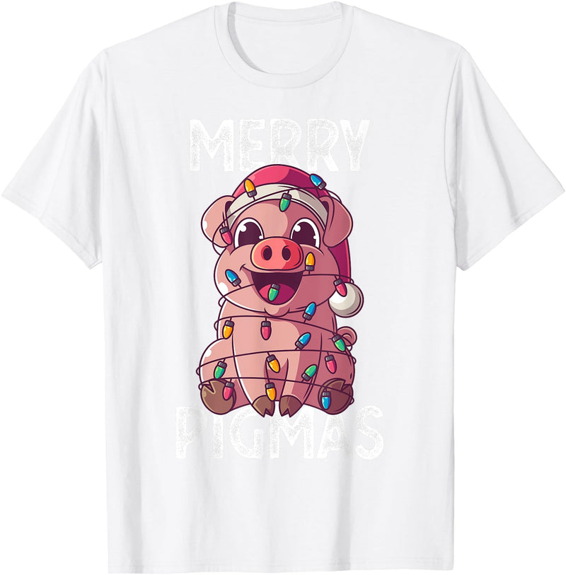 The Weird Shop Merry Pigmas Pig Christmas Santa Pig Xmas Lights Farmer Gift T-Shirt - White