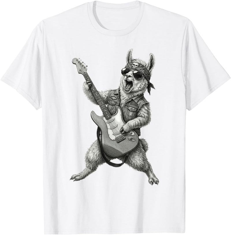 Rock Guitar Llama Stuff Accessories & Gifts Llama Playing Guitar Rock & Roll Llamas Alpaca Rocker Music T-Shirt - White