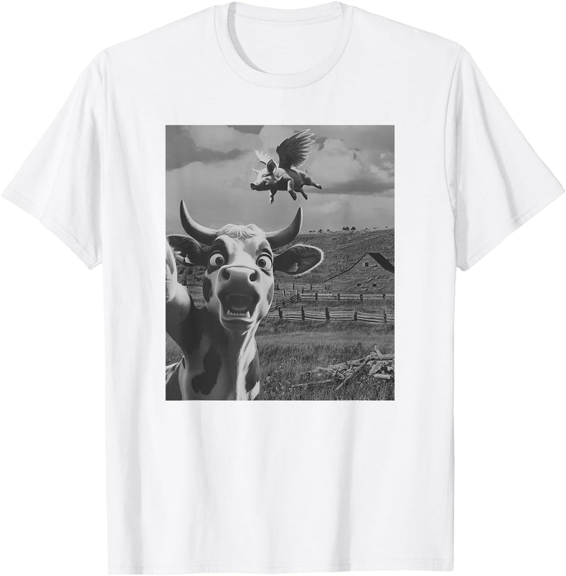 When Pigs Fly Pig Lover Designs Apparel Gifts Cow Selfie With Flying Pigs Fly Funny Gift for Men Women Kid T-Shirt - White