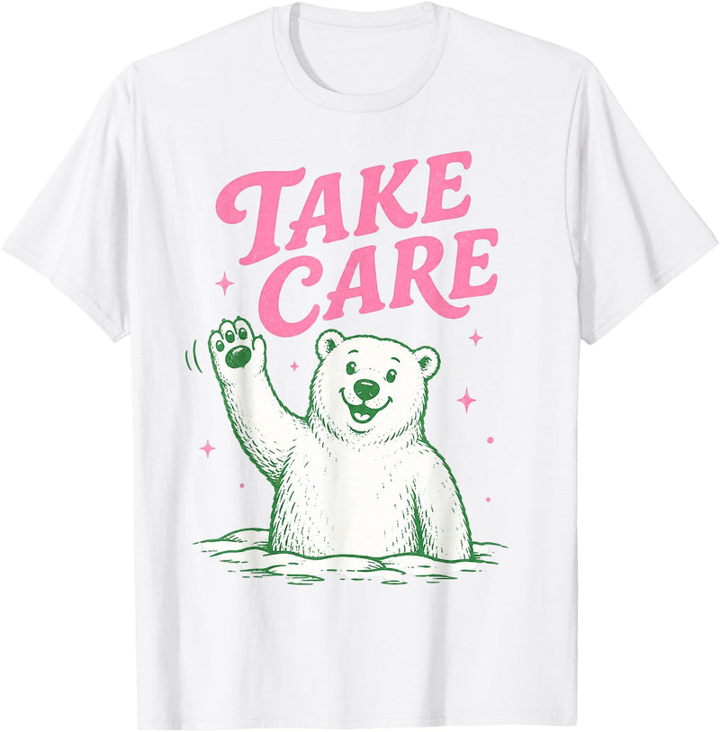 Cute Kawaii Classic Goodbye Childrens Rhyming Game Take Care Polar Bear Happy Funny Last Day of School Summer T-Shirt - White