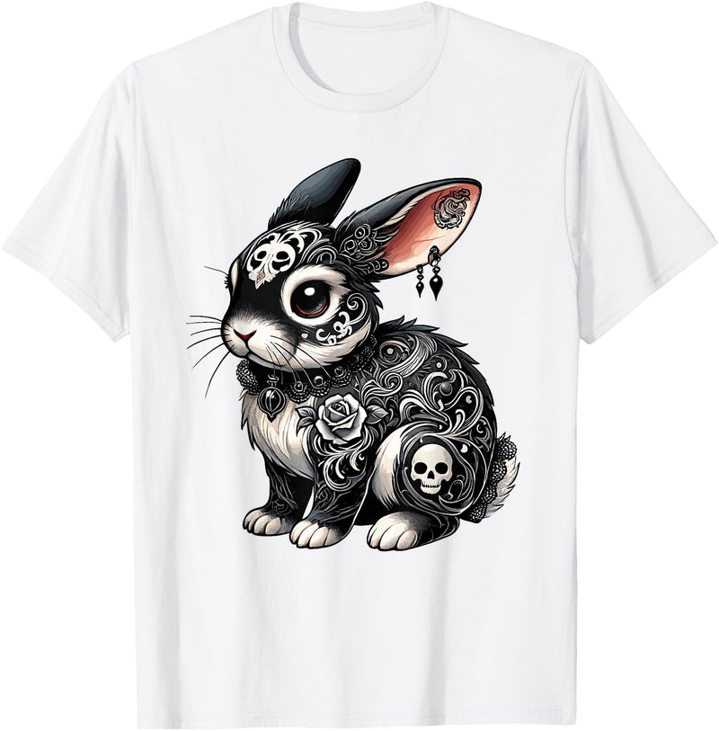 Gothic Filigree Rabbit with Skulls T-Shirt in White
