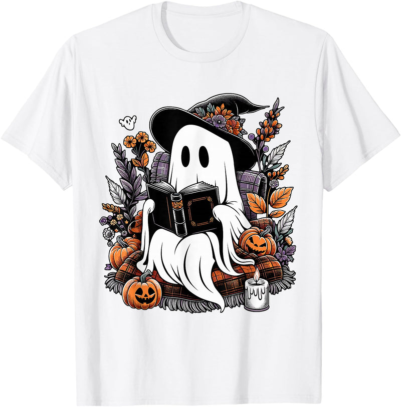 Ghost Spooky Season Teacher Outfit Ghost Reading Books Pumpkin Halloween T-Shirt - White