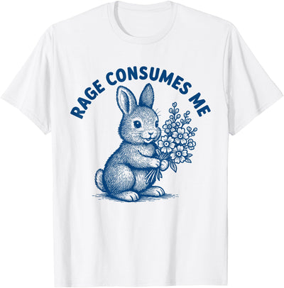 Rage Consumes Me Blue Line Art Bunny with Flowers T-Shirt
