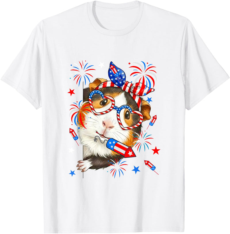 Rodent 4th Of July Costume Guinea Pig Sunglasses US Flag Bow Tie Fireworks 4th July T-Shirt - White