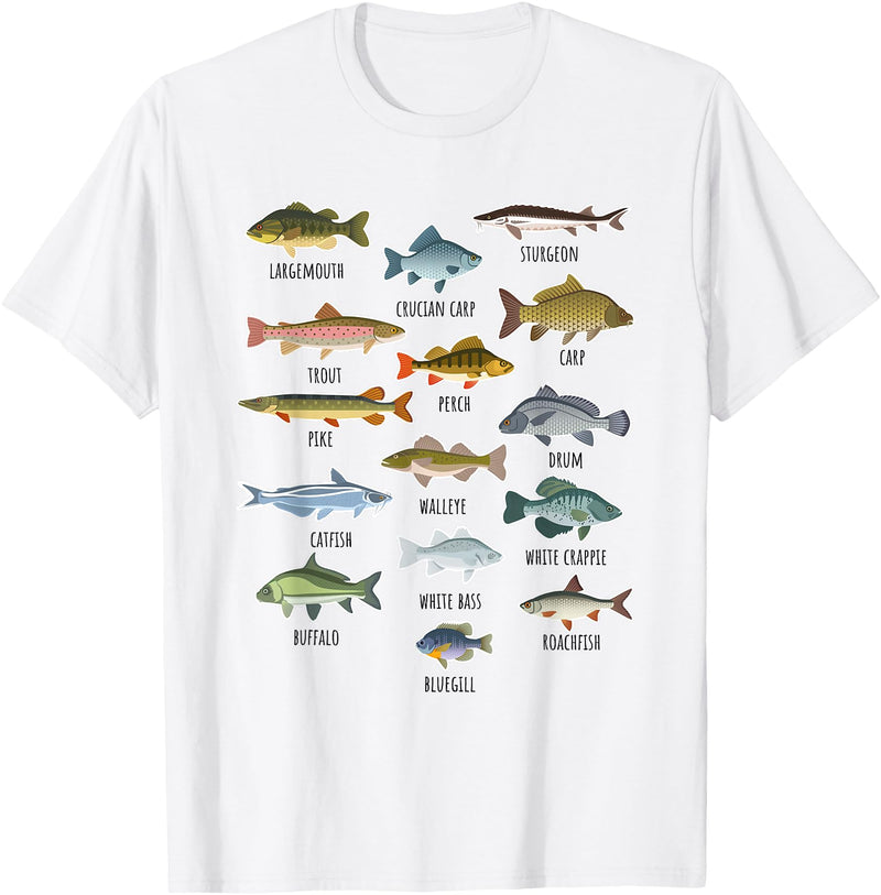 NABZR Angeln Geschenke & T-Shirts Types of Freshwater Fish Fishing T-Shirt - White