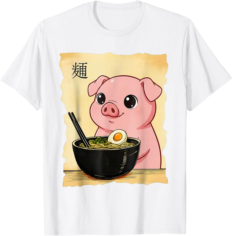 Funny Pig Anime Eating Ramen Pig Ramen Japanese Kawaii Anime Pig T-Shirt - White