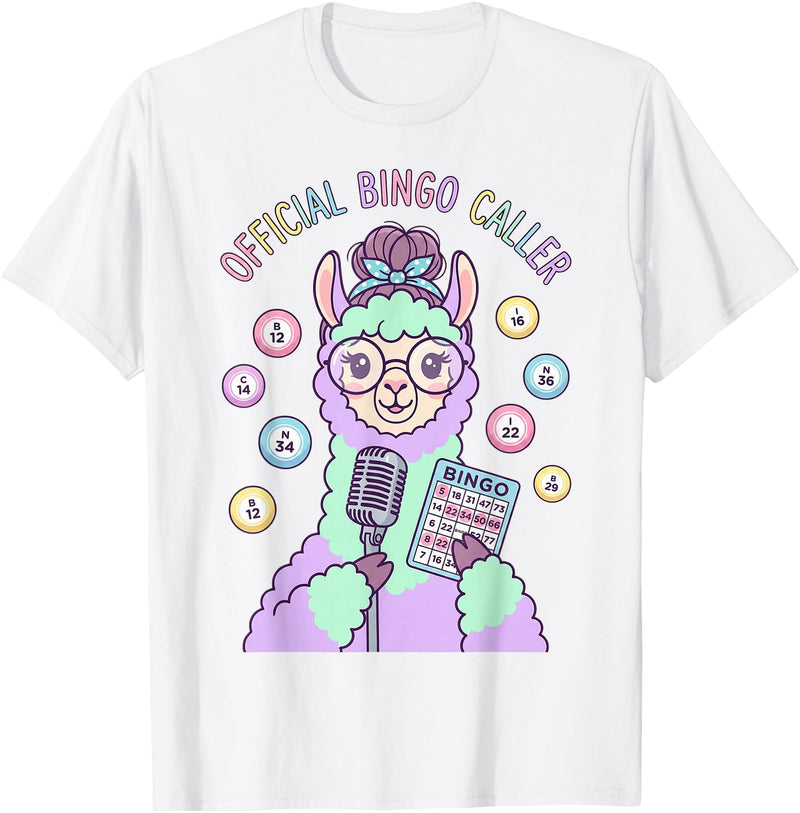 Cute Bingo Caller Activity Staff Gear Official Bingo Caller Llama Funny Activity Director Alpaca T-Shirt - White