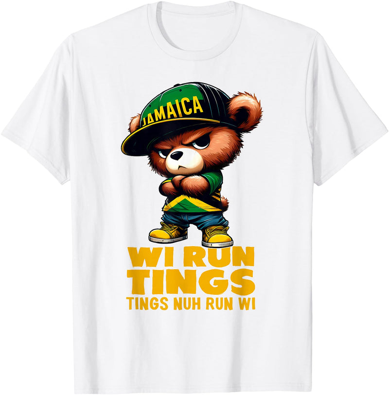 Jamaican Gifts for proud Jamaican Men, Women, Kids WI RUN TINGS Teddy Bear Jamaica Flag Shirt Jamaican Clothing T-Shirt - White