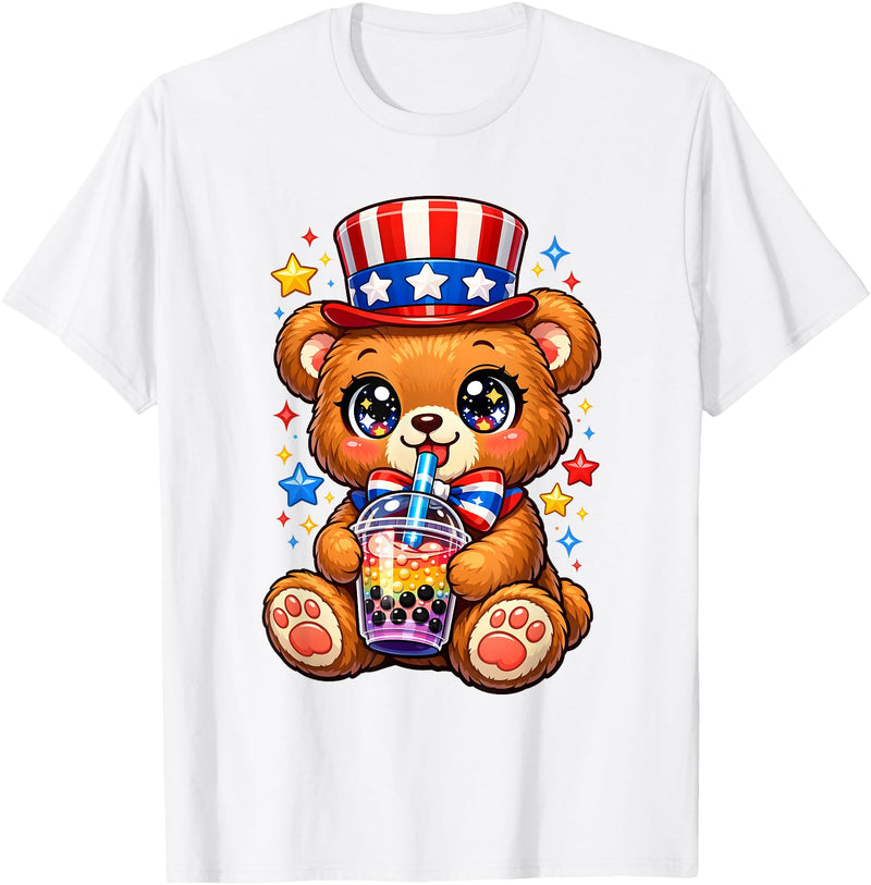 Kawaii Red White and Blue Fourth July Little Kids Cute Teddy Bear Patriotic 4th July Gift Bubble Boba Tea USA T-Shirt - White