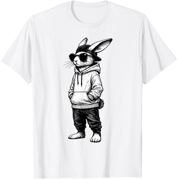 Rabbit Easter Bunny Face with Sunglasses Cap Easter Day T-Shirt in White