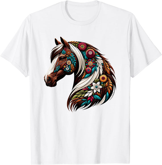 Horse Riding Lovers Gifts For Cowgirls & Girls Equestrian Horse Riding, Western Horseback, Horse Flower T-Shirt - White