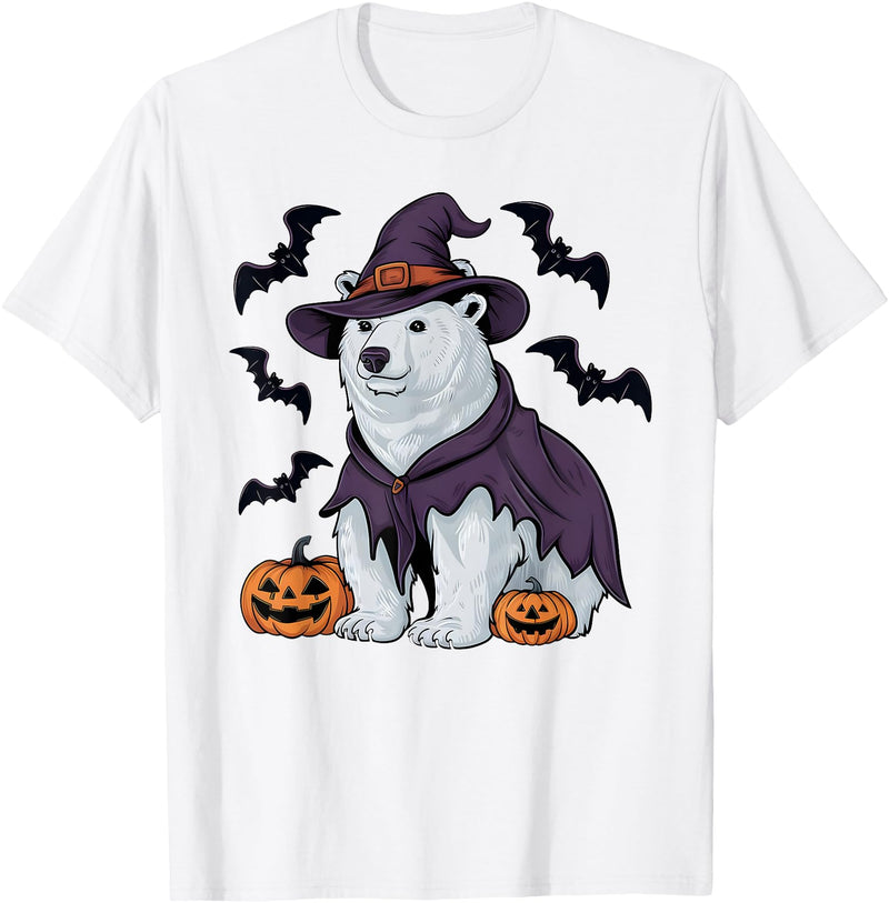 Witch Polar Bear Halloween Tees Polar Bear Halloween Costume Scary Pumpkin Bat Witch T-Shirt - White