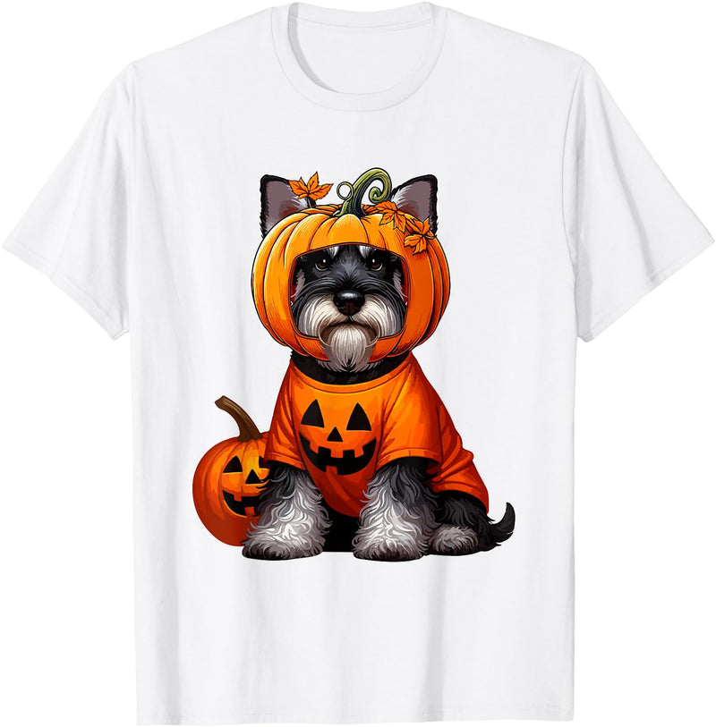 Dog Thanksgiving Costume Schnauzer Cosplay Horror Carved Pumpkin Halloween Owner Kids T-Shirt - White